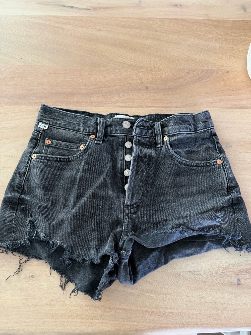 Citizens Of Humanity Washed Black High-Rise Distressed Denim Shorts
